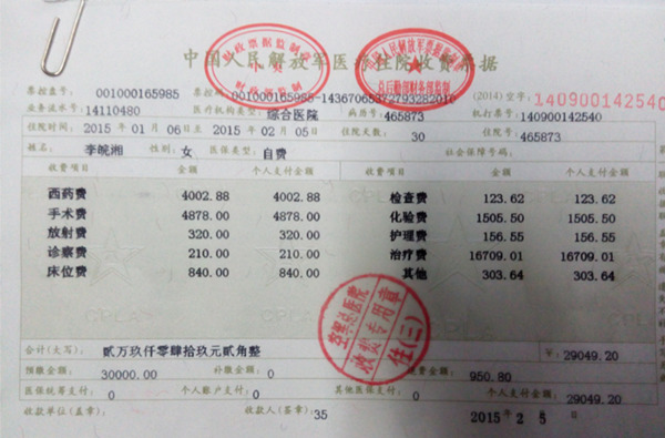 在空军总医院治疗结算票据如下